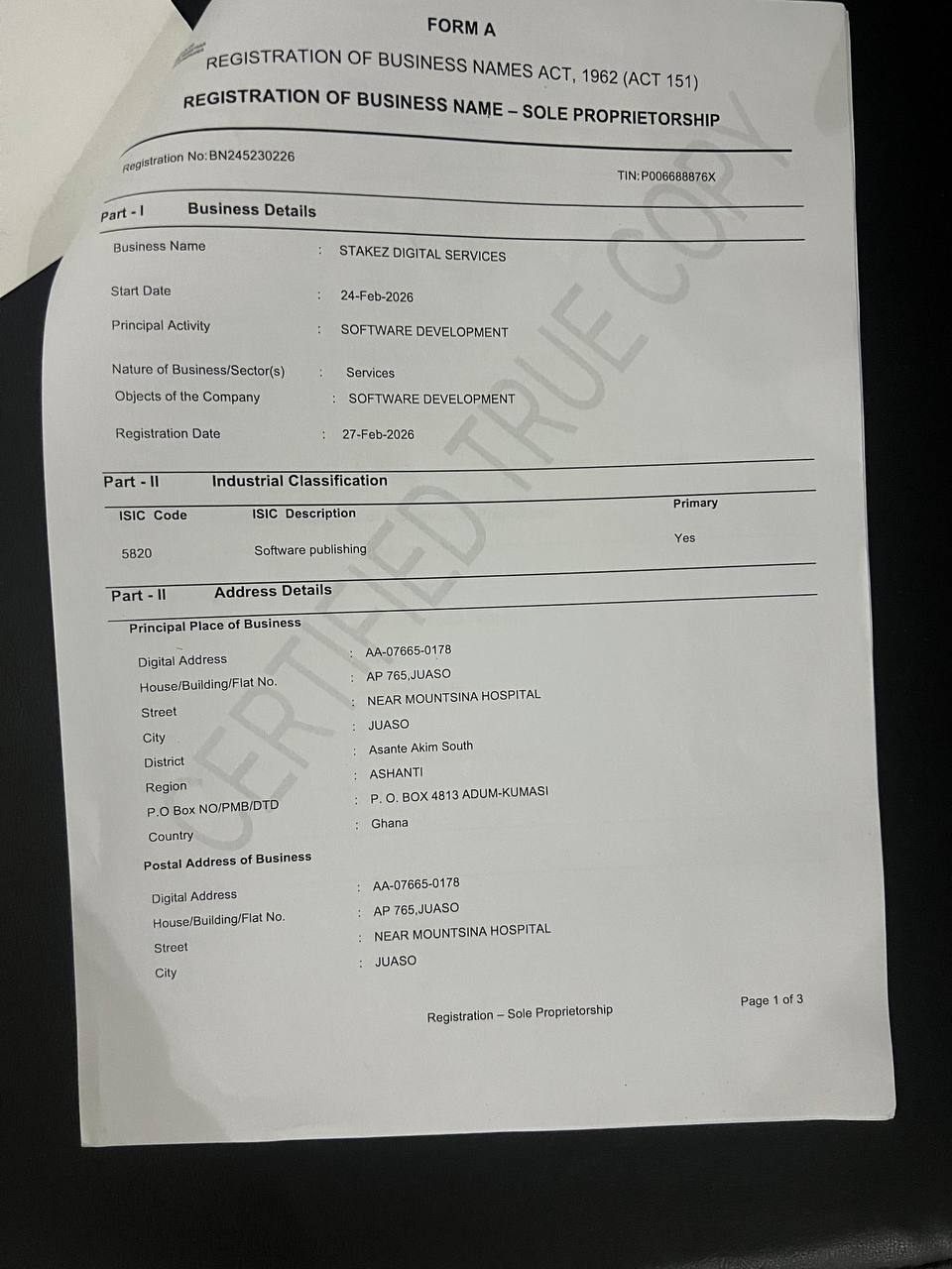 Business registration form page 1