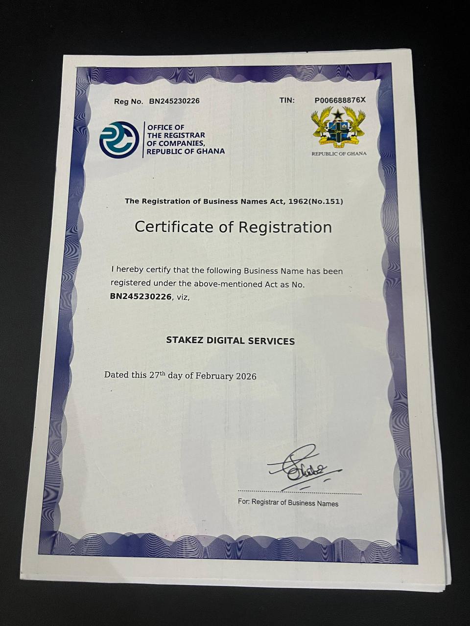 Certificate of Registration for Stakez Digital Services